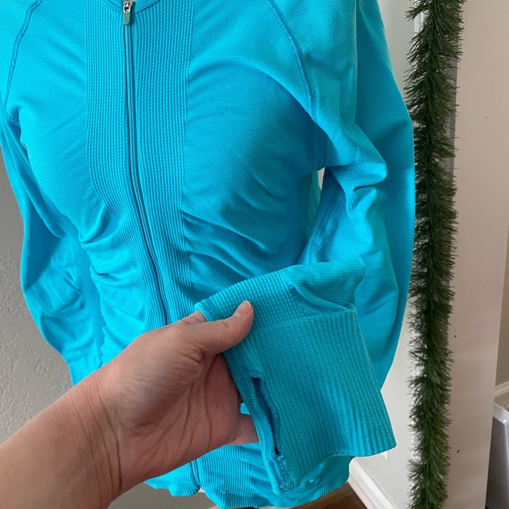 Athleta Blue Sparkle Ruched Full Zip Hooded Slimming Active Sport Yoga Jacket L - Picture 5 of 7
